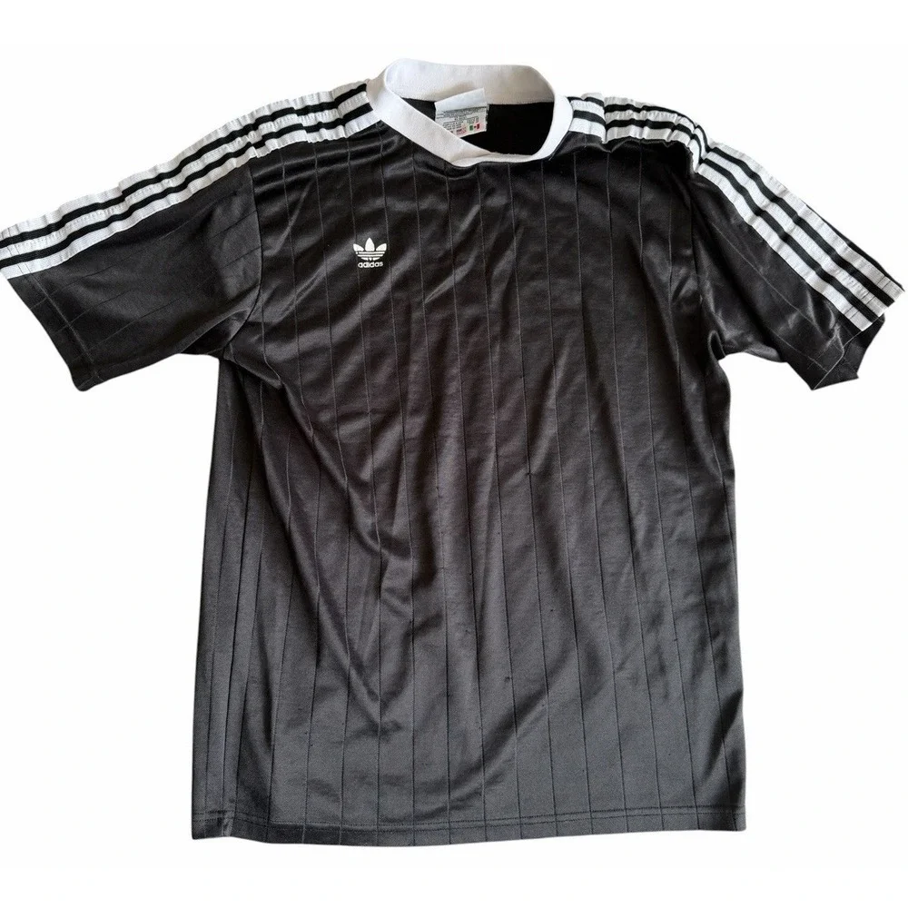 Vintage Adidas Trefoil Soccer Jersey Shirt Black White Striped Size M USA Made